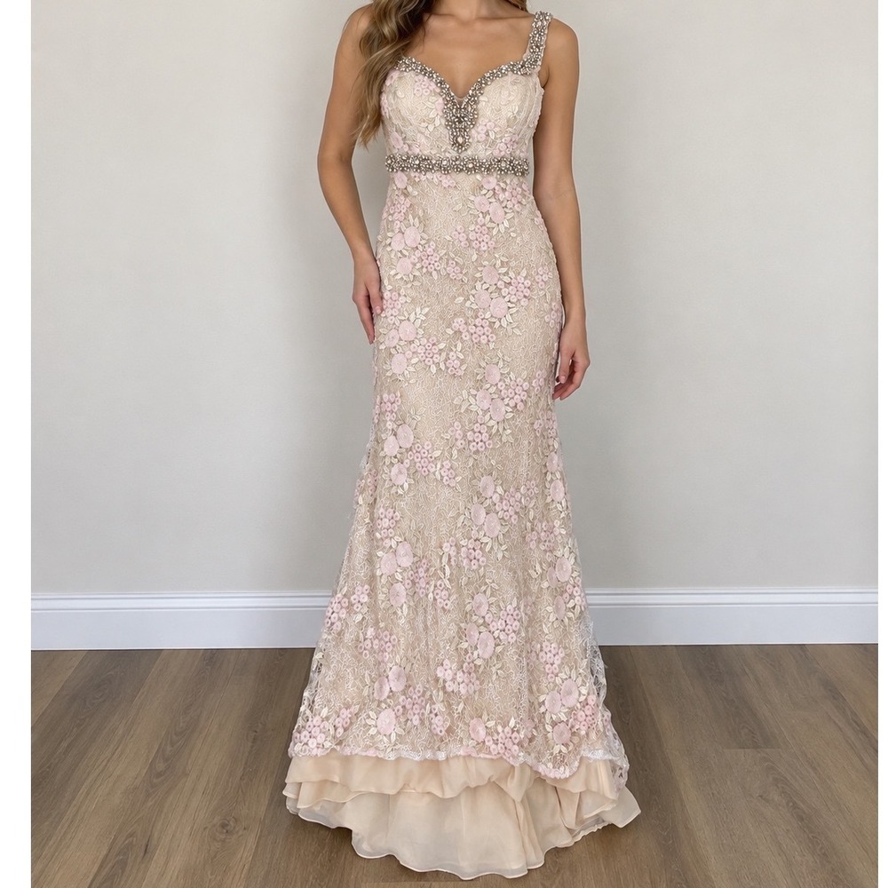 Mac Duggal Pink Floral Lace Beaded Mermaid Evening Gown Dress 8 NWT Formal prom